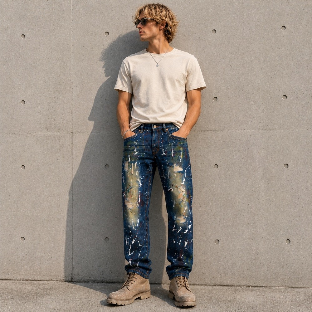 Urban Color Jeans Paint Splatter Distressed‎ Blue Denim Streetwear 36x32